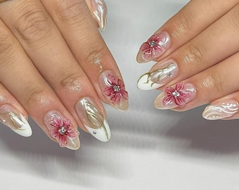Uñas postizas con diseño de flores rojas en 3D / Uñas almendradas blancas y doradas / Uñas postizas florales / Arte de uñas hecho a mano para eventos especiales o uso diario