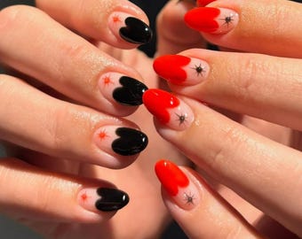 Red Black Heart Press On Nails | Valentine Heart Nails with Star Detail | Almond Fake Nails | Handmade Romantic Nail Art
