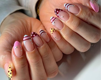 Y2K Pink Press On Nails with French Tips, Polka Dot & Stripe Design | Short Almond Fake Nails | Retro Handmade Nails Art for Everyday Wear