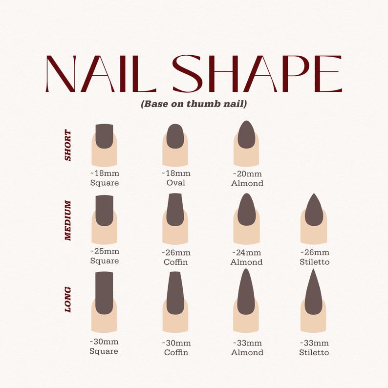 May include: A diagram illustrating nail shapes, including square, oval, almond, coffin, and stiletto. The nail lengths are categorized as short, medium, and long, with measurements in millimeters. The text "NAIL SHAPE" is at the top.