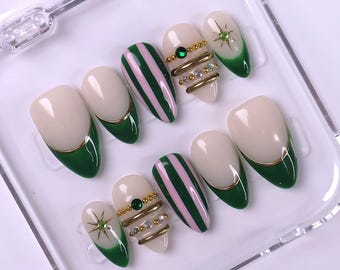 Christmas Press On Nails with Striped, French Tips, Rhinestones | Medium Almond Fake Nails | Handmade Nail Art For Xmas Event, Holiday, Gift