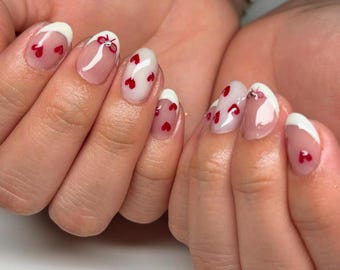 Milky White Heart Press On Nails | Red Heart French Tip Nails | Short Almond Cute Valentine Nails | Handmade Minimal Nail Art