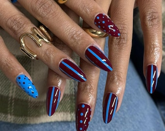 Burgundy & Blue Press On Nails | Polka Dot Stripe Almond Nails | Retro Statement Nail Art | Handmade Fake Nails