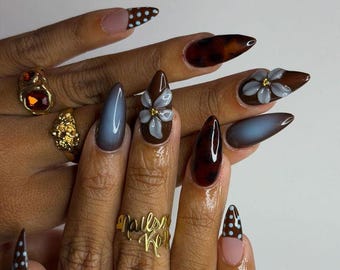 Autumn Press On Nails with 3D Gray Flower, Polka Dot French Tip | Medium Almond Fake Nails | Handmade Nail Art for Everyday Or Birthday