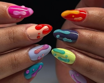 Kolorowe paznokcie z efektem kropelkowym | Wielokolorowe paznokcie 3D Slime | Ręcznie robione sztuczne paznokcie w kształcie migdałów | Zabawna, wyrazista sztuka zdobienia paznokci