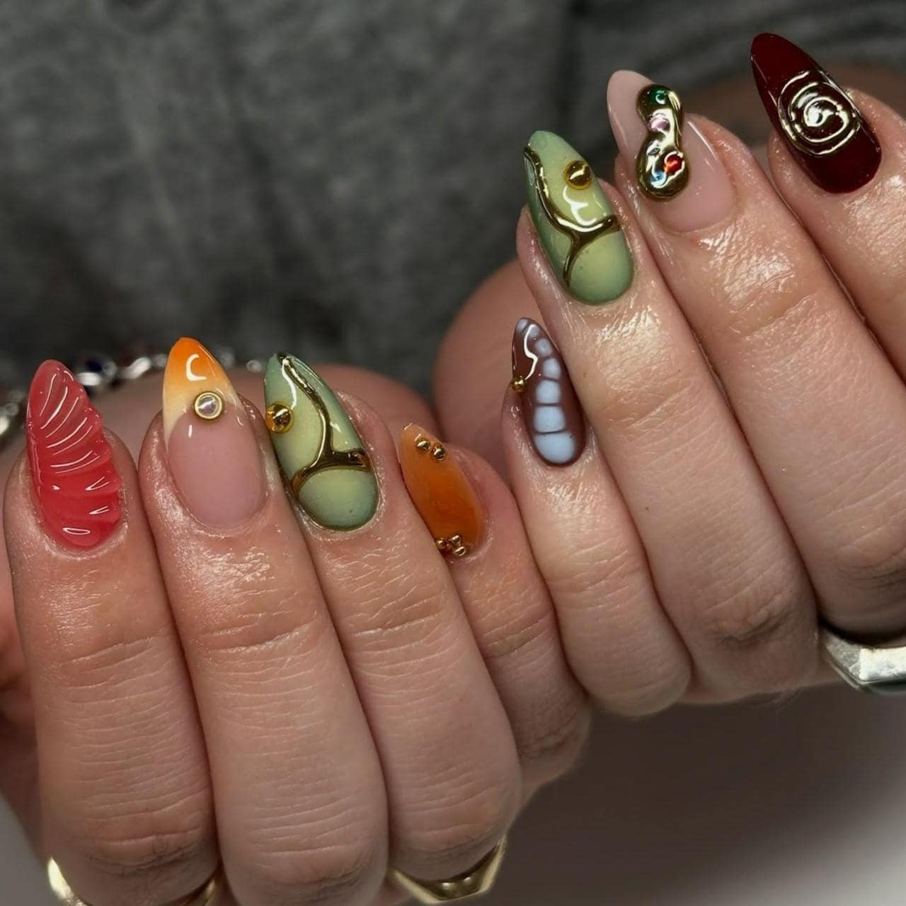 Earth Sculptural Press On Nails Abstract 3D Nail Art in Green Brown Tones Handmade Statement Nails