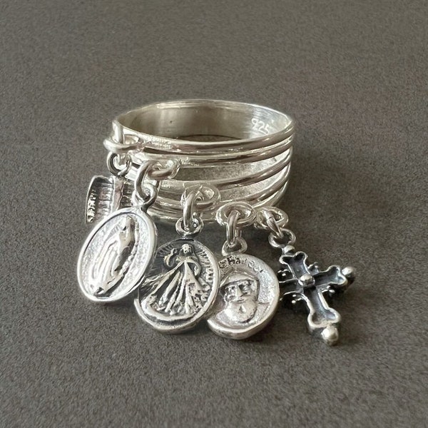 Charms ring for women religious ring gift for mom real silver ring saint medal ring stackable sterling silver religious gift catholic ring