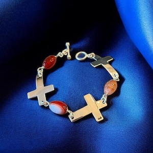 Handmade 925 Sterling Silver Bracelet Silver Cross Bracelet Natural Stone Bracelet, Unique Religious Jewelry Christian Bracelet Gift for Her