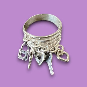 Charms Ring for Women Hearts Ring Gift for Mom Real Silver Ring Heart Key Ring Stackable Sterling Silver Heart Lock and Key Ring for Wife