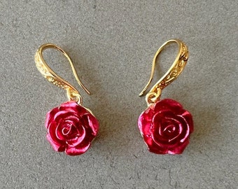 Rose earrings for women Flower earrings gift for her earrings red roses earrings vintage look jewelry for wedding guest earrings elegant red