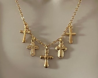 Cross necklace for her with multi cross charms necklace gold crosses necklace religious jewelry golden tiny cross pendant protection jewelry