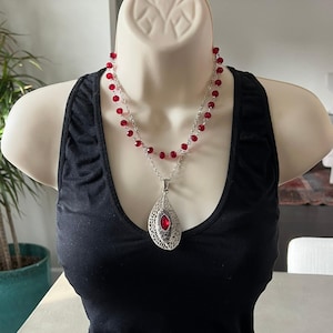 Red Crystal Teardrop Pendant Necklace, Dainty Gemstone Jewelry, Handmade Silver Necklace, Gift for Her, Birthstone Necklace, Elegant Red Gem