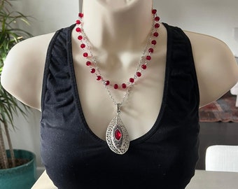 Red Crystal Teardrop Pendant Necklace, Dainty Gemstone Jewelry, Handmade Silver Necklace, Gift for Her, Birthstone Necklace, Elegant Red Gem