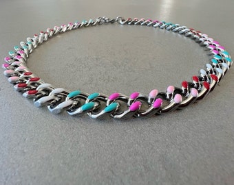 Collana a maglie cubane Catena cubana punk catena in acciaio inossidabile catena cubana per donna girocolli a catena a maglie cubane spesse con girocollo colorato - Italia