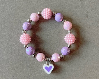 Pink bracelet for girl kid beaded bracelet for kids purple heart bracelet pink beads necklace for children heart charm bracelet gift for kid