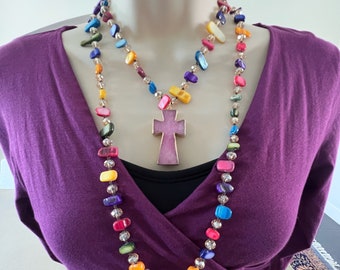 Colorful necklace with cross pendant long knotted necklace crystal and stone bead necklace colorful long necklace bohemian necklace gift