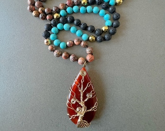 Long knotted necklace turquoise long beaded necklace with teardrop pendant long necklace crystal and stone bead necklace bohemian necklace