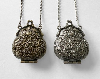 Locket pendant necklace for her silver tone purse pendant gift for woman silver antique purse locket pendant and chain elegant pendant purse