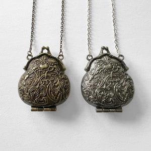 Locket pendant necklace for her silver tone purse pendant gift for woman silver antique purse locket pendant and chain elegant pendant purse