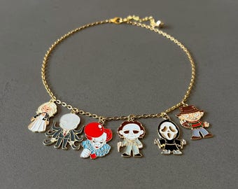 Collar de Halloween para mujer, collar con dijes de Halloween, gargantilla con dijes de película de terror, joyería de Halloween, collar dorado con temática de Halloween, regalos.