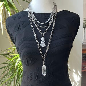 Multiple Layered Necklace with Clear Quartz Crystal Stones, Multi-Strand Necklace, Handmade Jewelry, Healing Crystal, Bohemian Necklace Gift