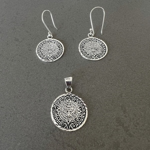Aztec calendar jewelry for her Aztec pendant for ladies Aztec earrings handmade pendant sterling silver gift for woman real silver pendant