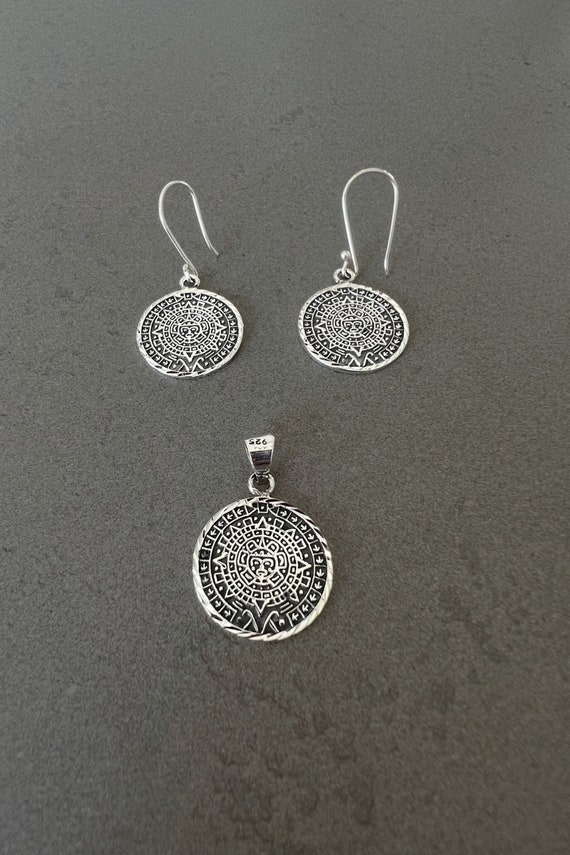 Aztec calendar jewelry for her Aztec pendant for ladies Aztec earrings handmade pendant sterling silver gift for woman real silver pendant