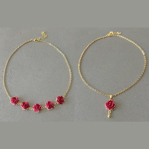 Flower necklace for woman rose necklace gift for her necklace red roses earrings vintage look jewelry for wedding guest necklace elegant red
