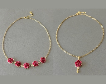 Flower necklace for woman rose necklace gift for her necklace red roses earrings vintage look jewelry for wedding guest necklace elegant red