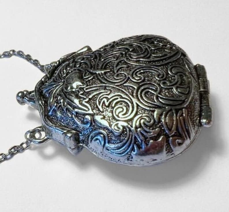 Puede incluir: Un collar con un medall&oacute;n de plata con un dise&ntilde;o floral ornamentado. El medall&oacute;n tiene forma de coraz&oacute;n y tiene un cierre con bisagra.