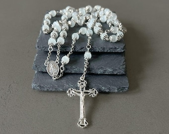 Moonstone Bead Rosary White Rosary Antique Silver Rosary for Woman and Men Rosary Catholic Crucifix Catholic Jewelry Religious Baptism Gift
