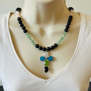 Colorful beaded necklace cross necklace bead black obsidian necklace rose quartz necklace green aventurine necklace  crystal cross pendant