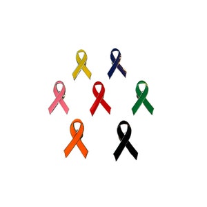 May include: Set of eight enamel ribbon pins in various colors, including yellow, blue, pink, red, orange, green, and black. The pins are shaped like awareness ribbons.