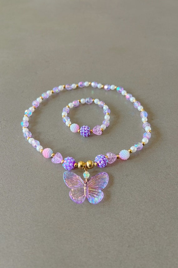 Butterfly Necklace Bracelet Set: Purple Beaded Kids Jewelry