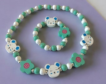 Conjunto de collar y pulsera para niños con dije de ratón, collar y pulsera de cuentas coloridas para niños, dulce collar con lindo ratón, regalo para niños