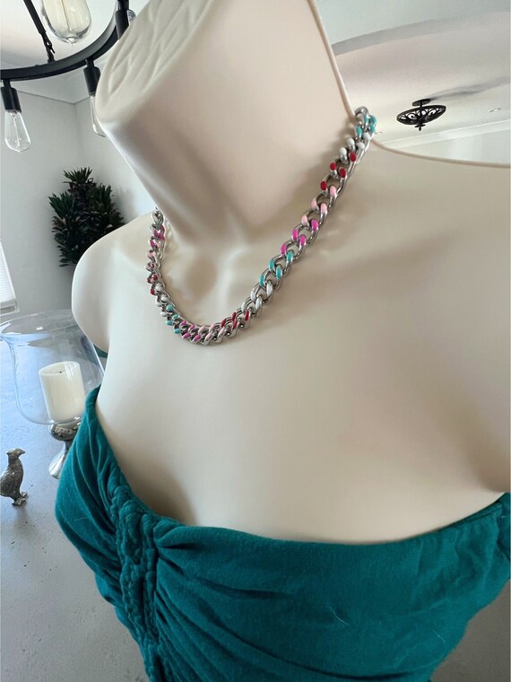 Punk Collana Girocollo Catena Grossa Cubana Con Perline Verdi - Gioiello Uomo E Donna