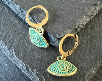Small Evil Eye Huggie Earrings, Protective Eye Charm Earrings for Women Eye Jewelry Gift, Green Earrings, Handmade Earrings Turkish evil eye