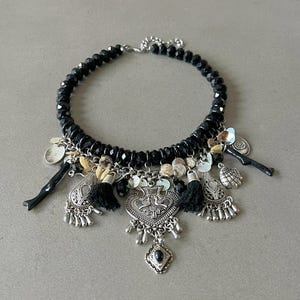 Black necklace for her vintage necklace with black beads long necklace for woman vintage jewelry long strand necklace multi charms necklace