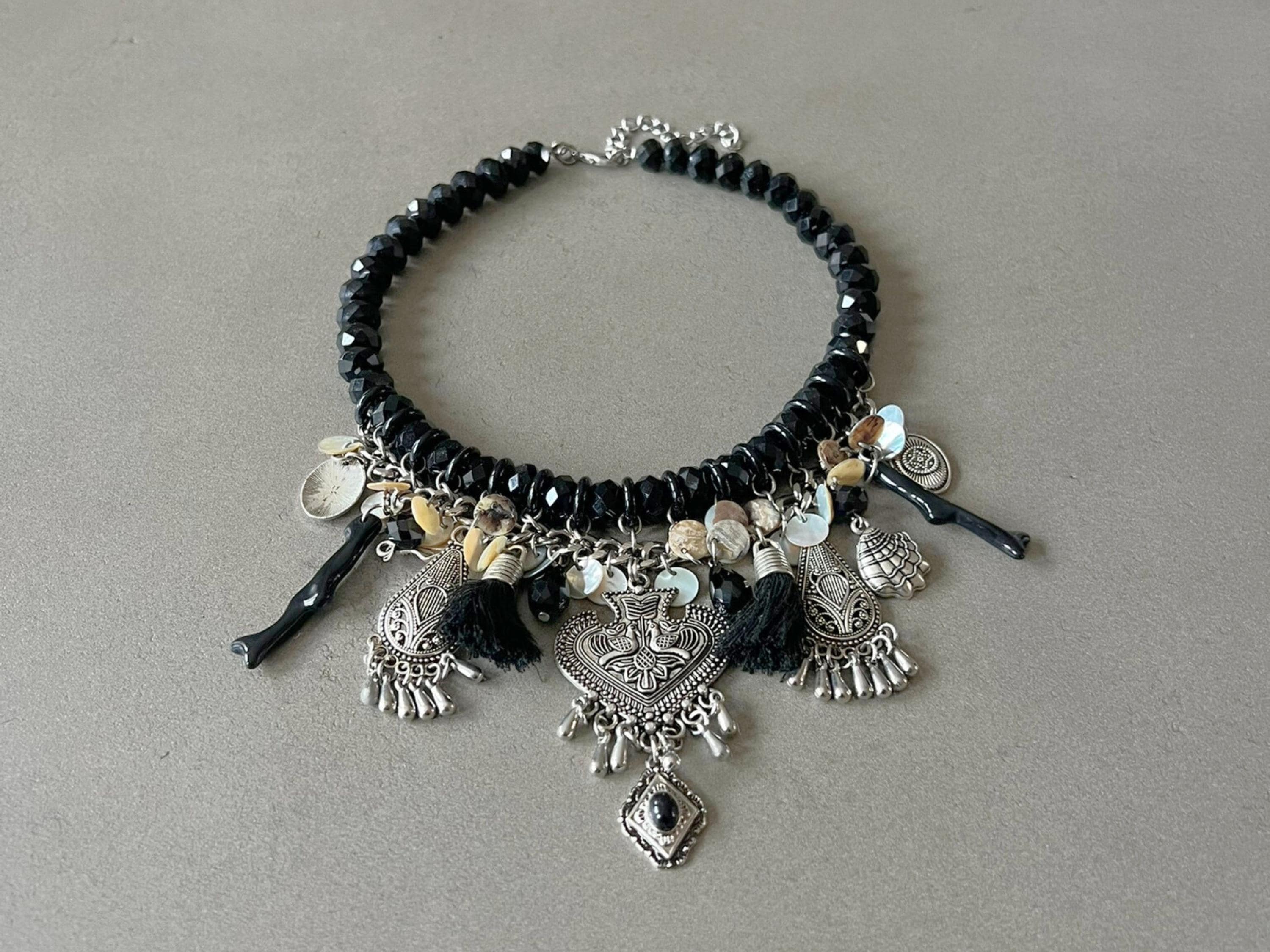Black necklace for her vintage necklace with black beads long necklace for woman vintage jewelry long strand necklace multi charms necklace