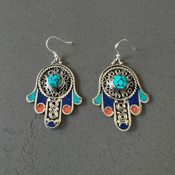 Hamsa hand earrings for woman hamsa hand pendant earrings gift for mom ethnic earrings for everyday earrings hand of Fatima earrings Buddha