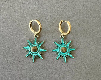 Sun Earrings, Small Sun Hoop Earrings, Sun Charm Earrings for Women, Celestial Jewelry Gift, Green Earrings, Handmade Earrings Boho Earrings