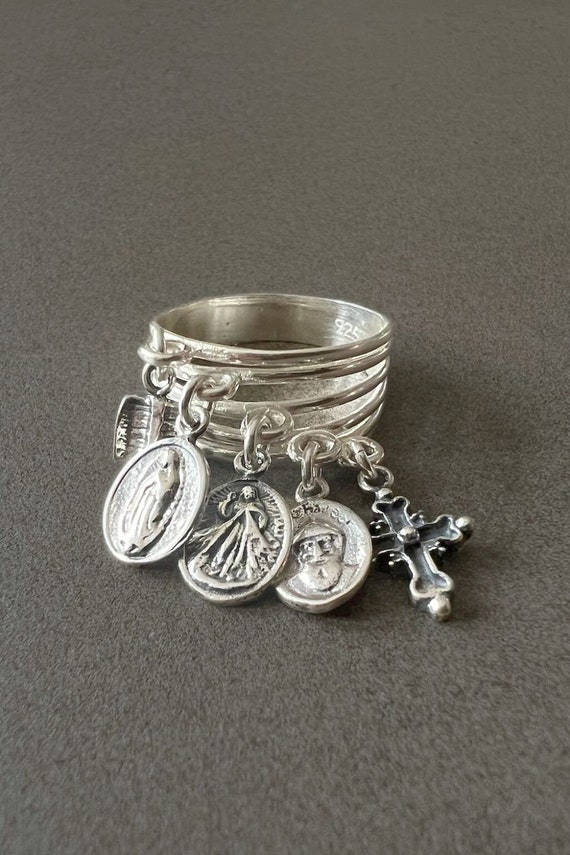 Charms ring for women religious ring gift for mom real silver ring saint medal ring stackable sterling silver religious gift catholic ring