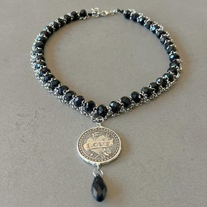 Black Beaded Necklace for Her, Love Pendant, Hate Pendant, Gothic Style Necklace, Black Crystal Necklace, Punk Necklace, Rocker Jewelry Gift