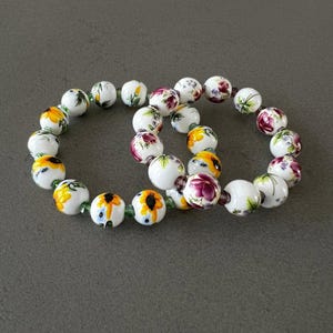 Sunflower Rose Ceramic Beaded Bracelet | Floral Stretch Bracelet | Handmade Boho Garden Jewelry | Elastic Cord Bead Bracelet | Gift for Her