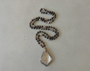 Long Necklace Brown Stripe Agate Necklace Natural Stone Beaded Necklace Teardrop Pendant Knotted Necklace Teardrop Crystal Bohemian Necklace