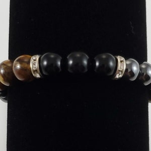 Triple Protection Tiger&#39;s Eye Bracelet, Hematite & Obsidian Bracelet-Grounding Bracelet-Crystal Healing-Men&#39;s Jewelry-Beaded Bracelet