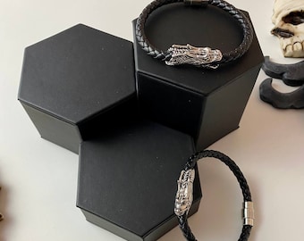 Leather Dragon Bracelet: Stainless Steel Clasp, Gothic Jewelry