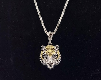 Silver & Gold Lion Warrior Pendant - Stainless Steel Necklace