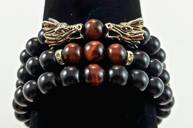 Red Tiger's shops Eye & Black Onyx Dragon Bracelet-Protection Bracelet-Stackable Bracelets-Black Onyx Jewelry-Tiger's Eye Jewelry-Dragon Jewelry