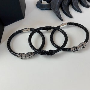 Leather Skull Bracelet - Skull Bracelet - Leather Bracelet with Locking Magnetic Clasp - Men&#39;s Jewelry - Biker Skull Bracelet - Gift for Him
